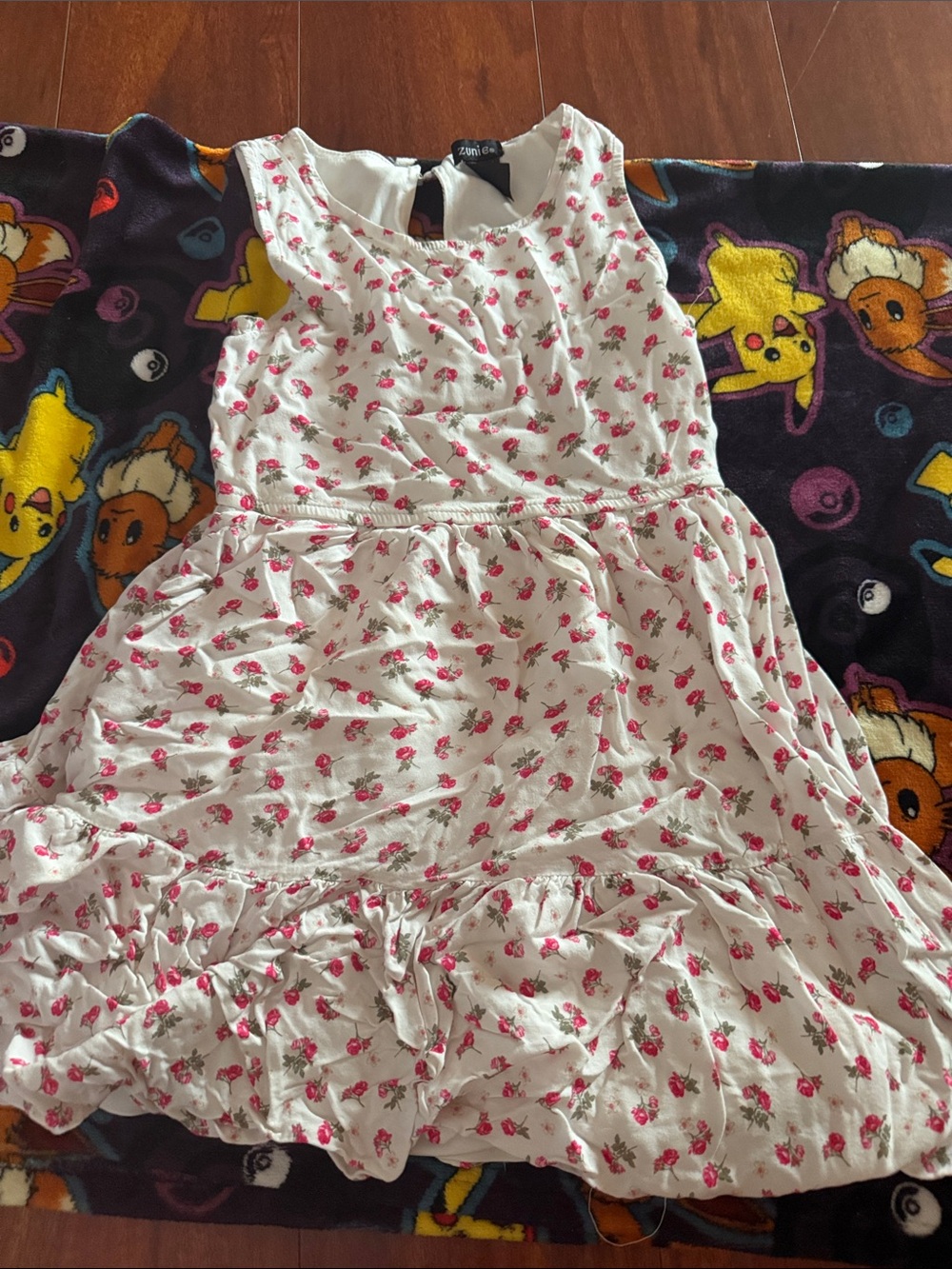 Girls' White Floral Ruffle Dress with Pink Rose Print